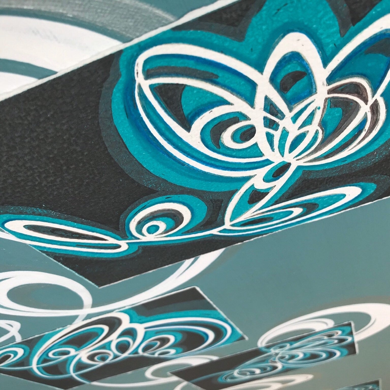 Large hand crafted abstract canvas wall artwork in turquoise and white.