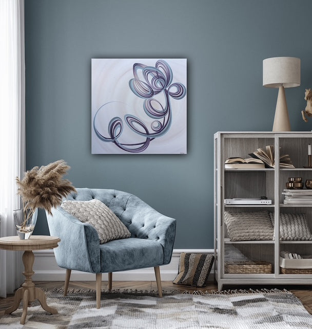 Abstract acrylic flowery painting on canvas uk. Large line art flower canvas painting.
