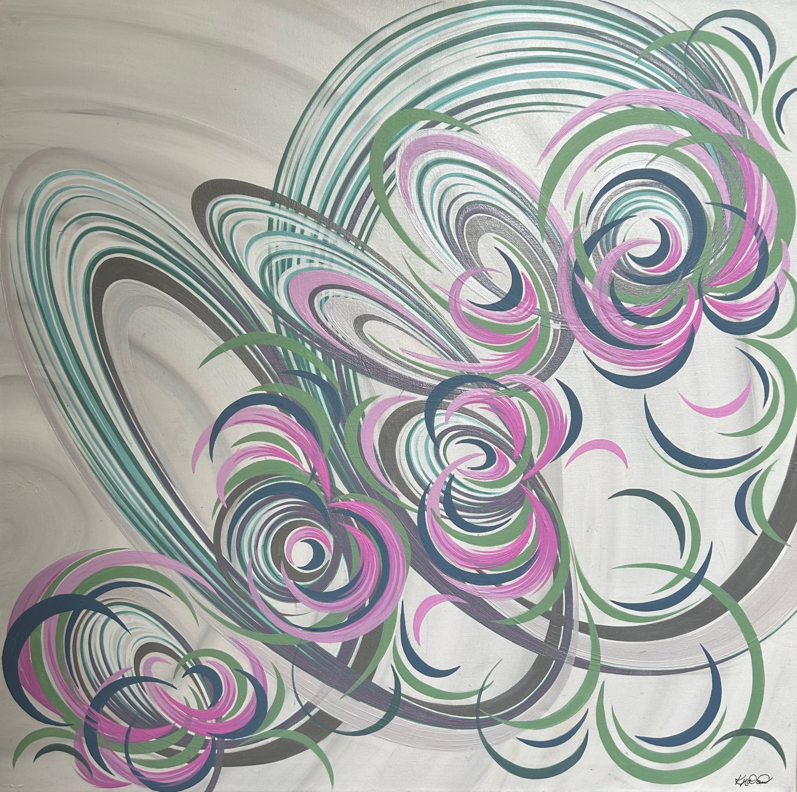 Abstract floral design with swirling patterns in green, pink, and gray on a light background