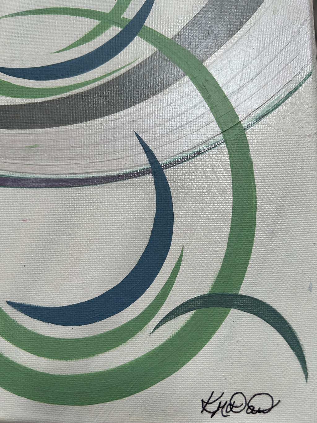 Close up of the signature of abstract artist Katie Daw. On the corner of one of her abstract paintings with a floral design. 