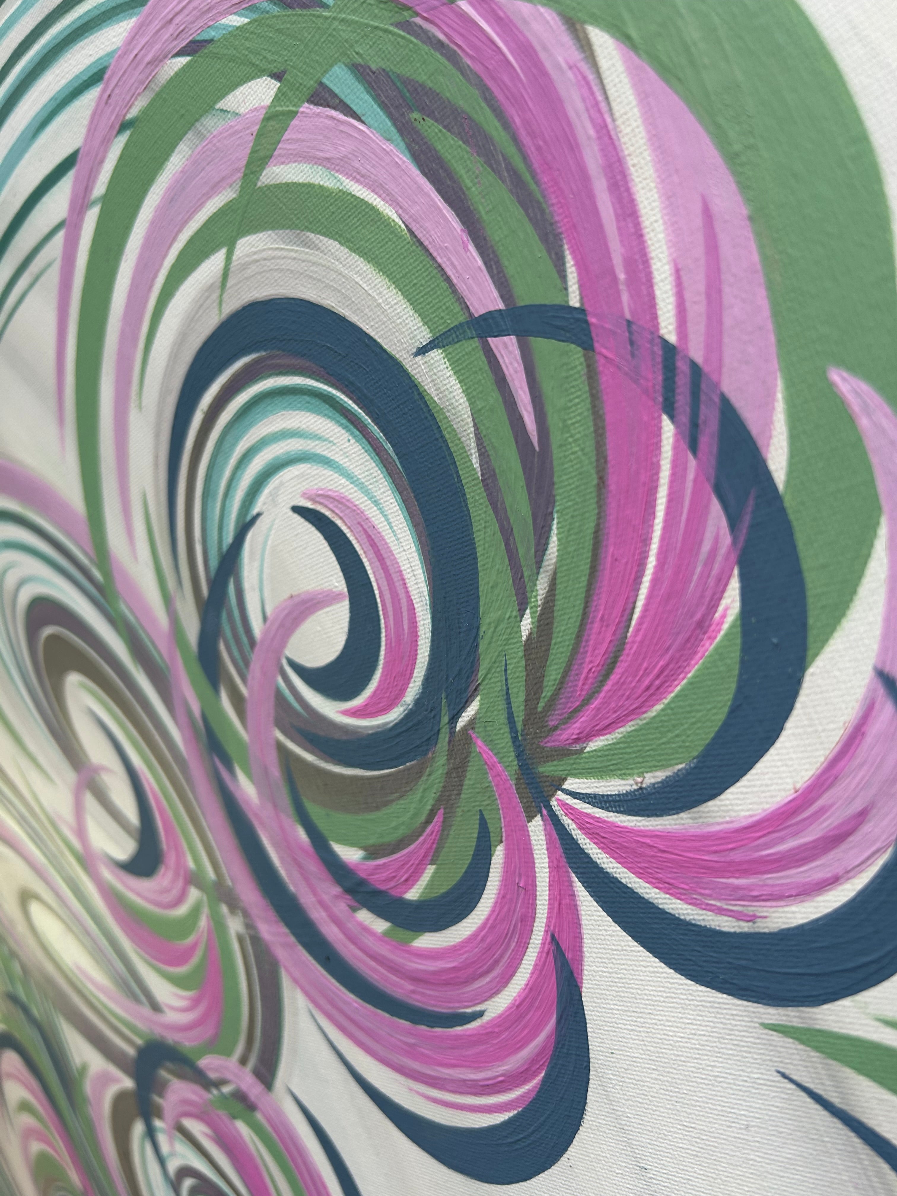 Close-up of a colourful floral abstract pattern with swirling colours on a white background