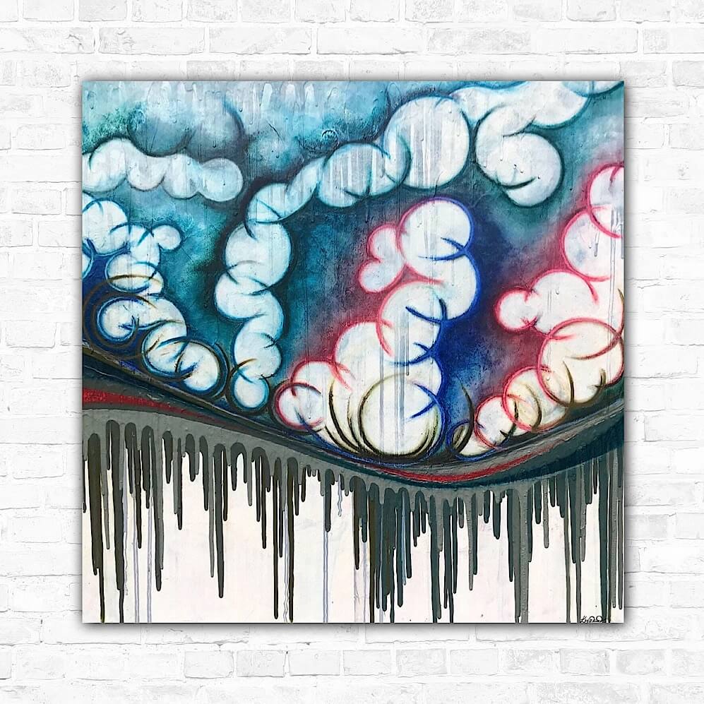 Abstract landscape art on canvas featuring vibrant colour palette with pinks, blues, greens and white tones, with a representation of sky and clouds.
