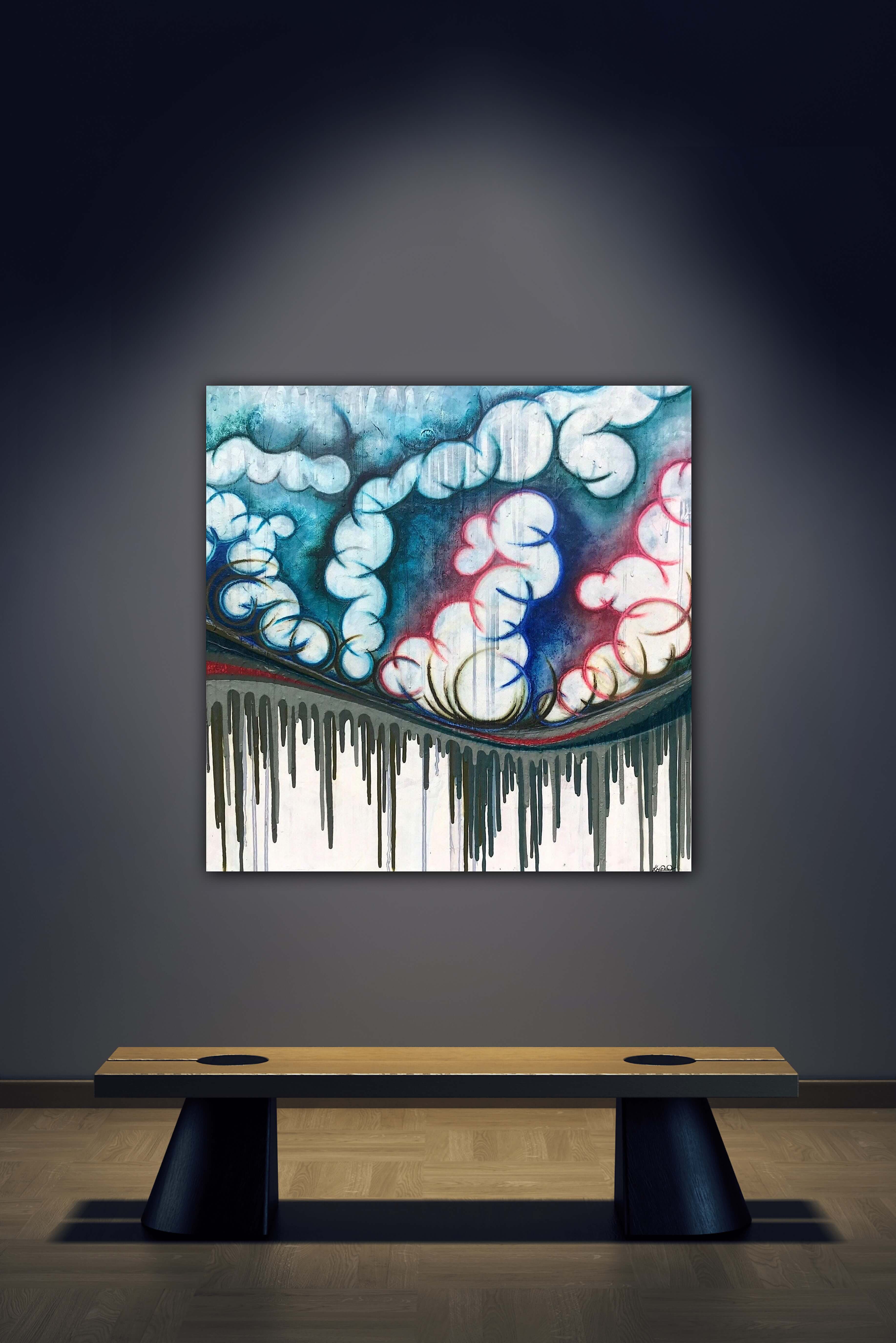 Large textured modern landscape art with layered paint drips.