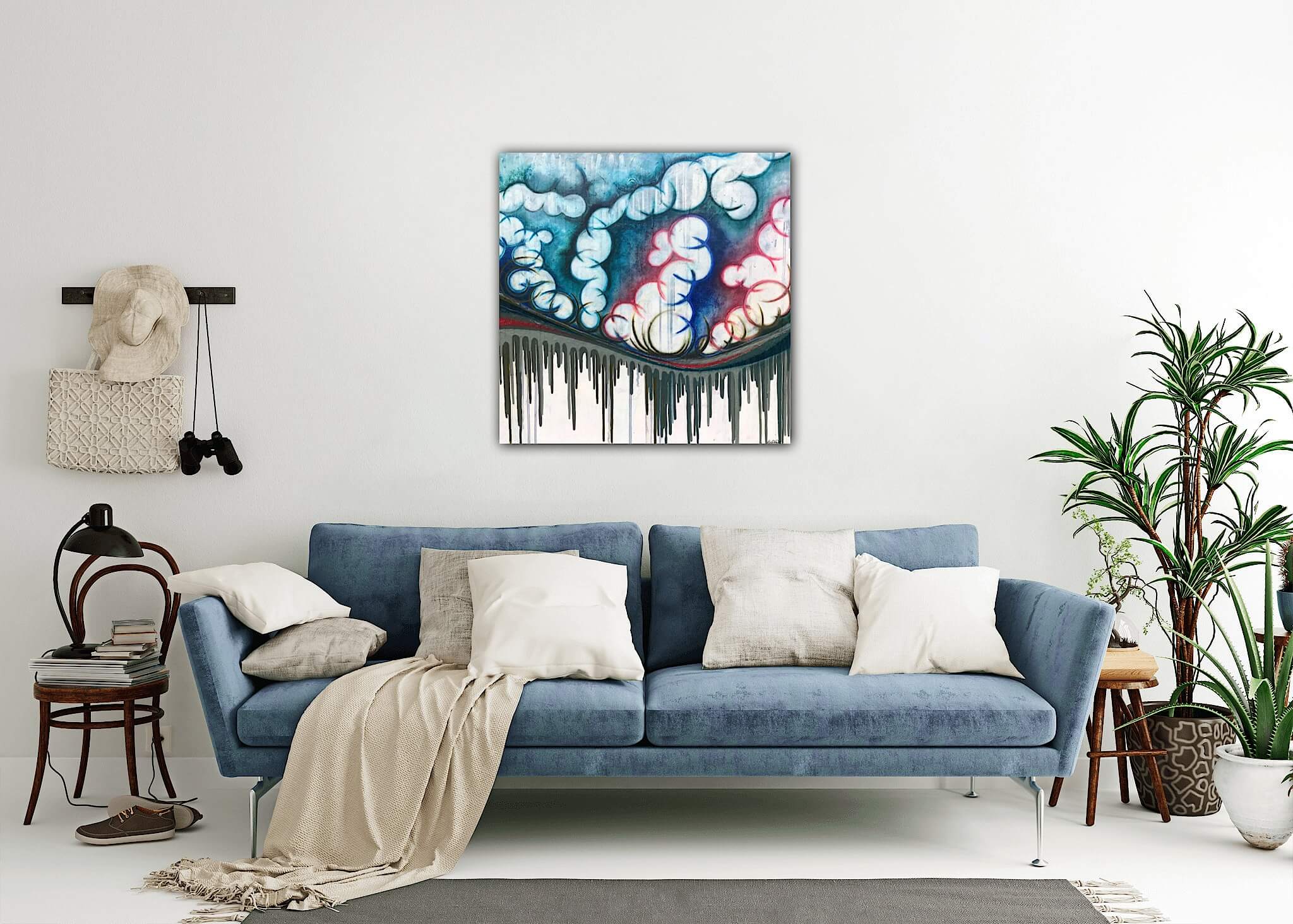 Colourful original abstract landscape art on boxed canvas.