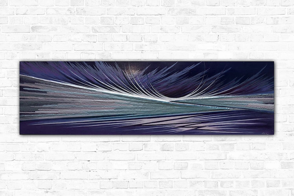 A piece of landscape art abstract featuring various shades of purple with subtle grey, blue, pink, and silver tones, presented on a slimline professionally stretched canvas.