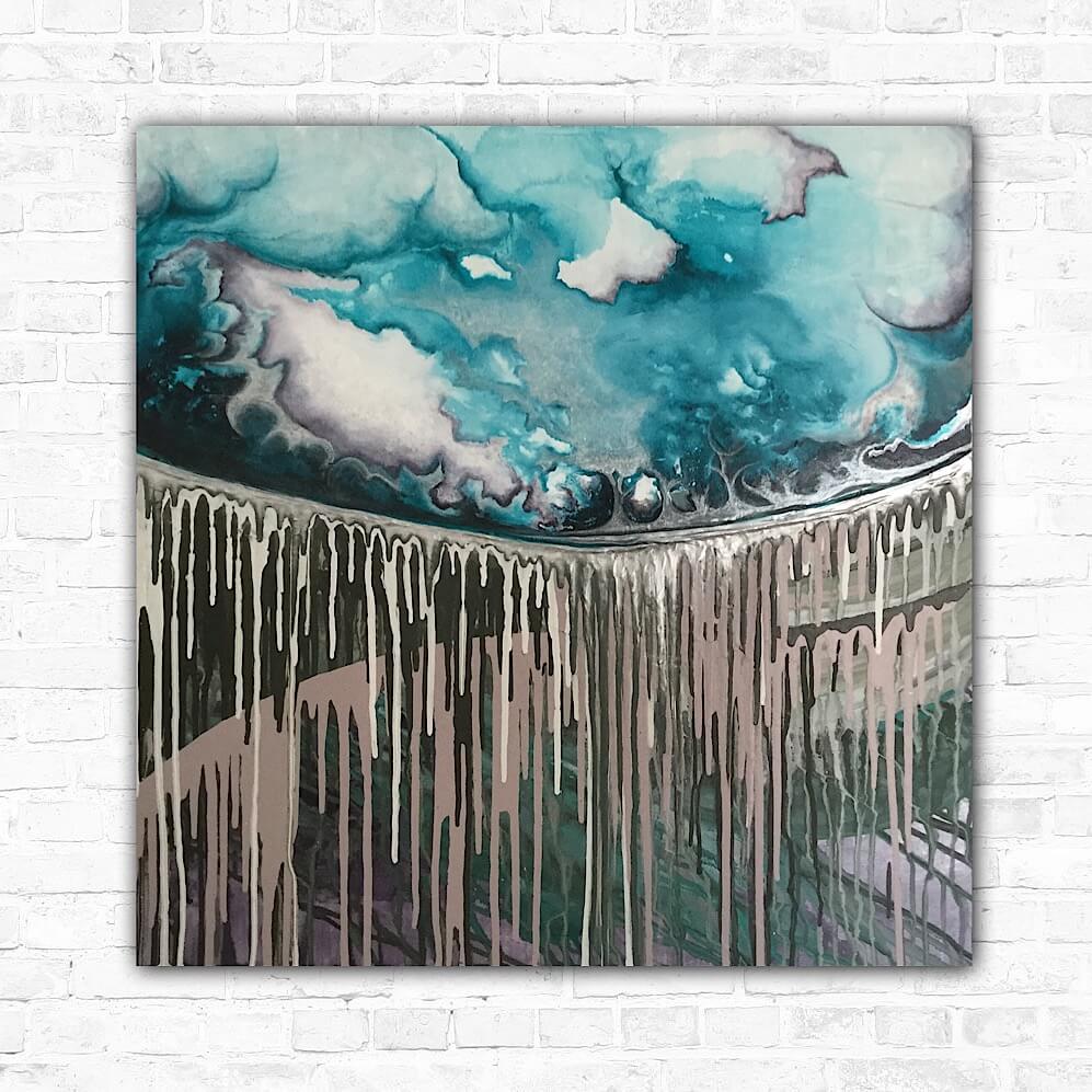 An abstract landscape painting featuring a textured sky with blue and white colors and a horizon with dark gray paint dripping down.