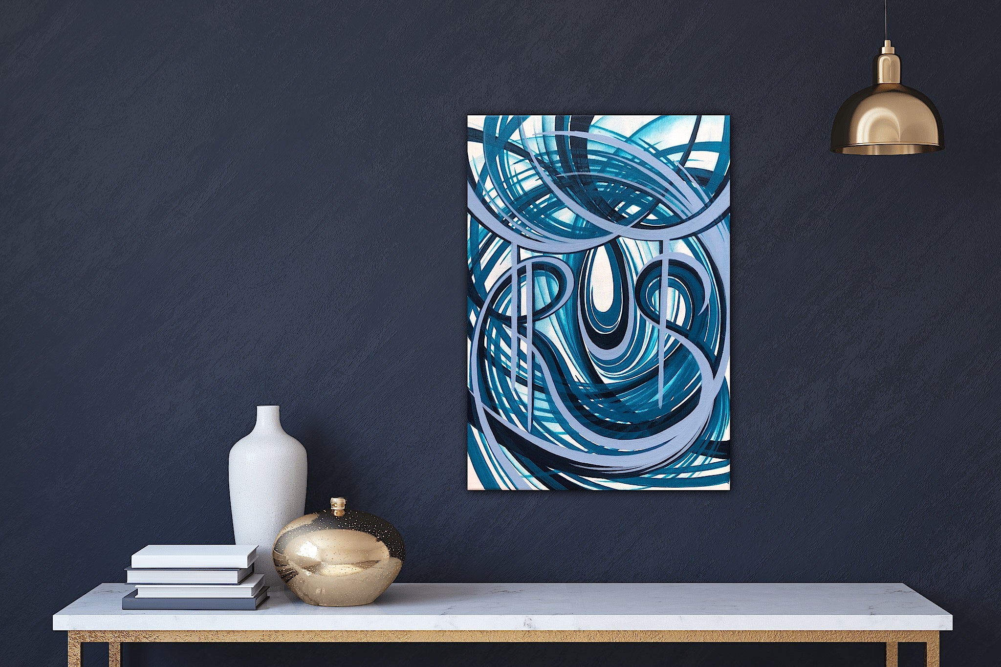 Blue word art home decor.