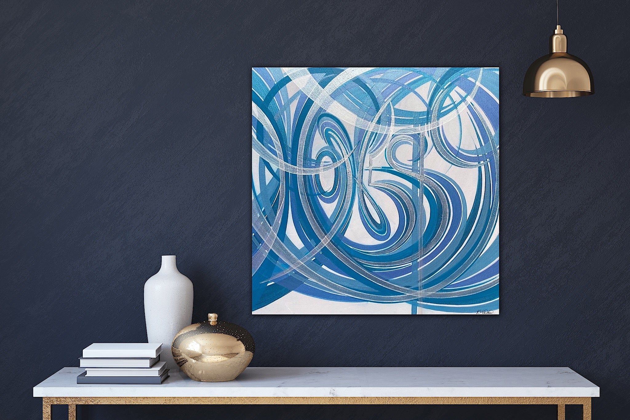 Blue and silver unique word artwork