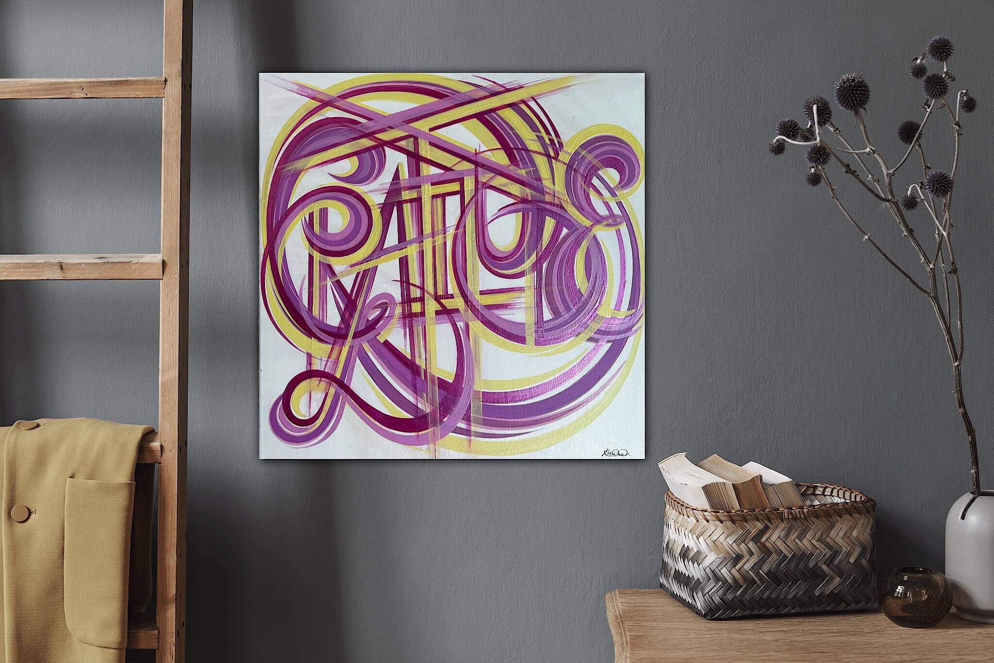 Pink and yellow acrylic artwork on canvas.