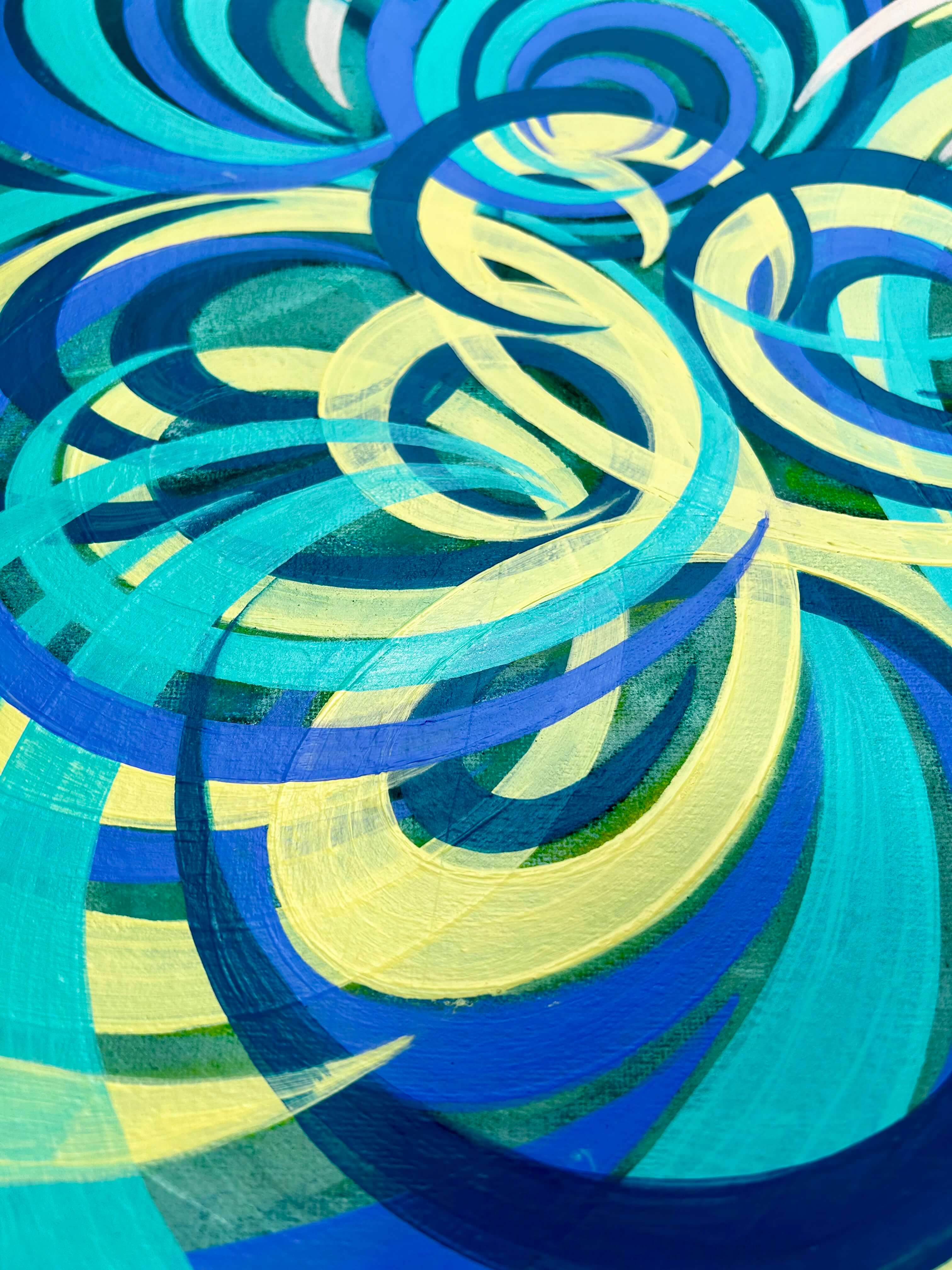 Yellow, blue and turquoise contemporary floral painting.