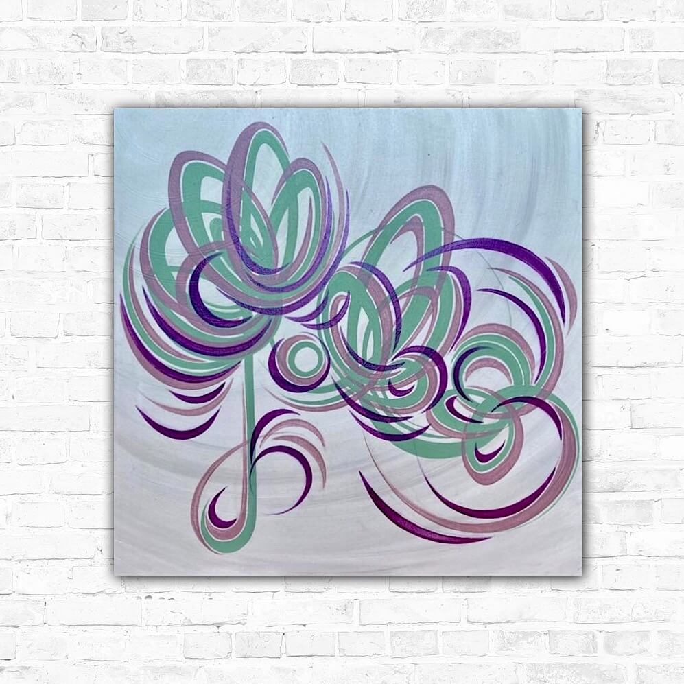 Hand painted contemporary flower paintings with green, pink, and purple colours on a white background, displayed on a wall.