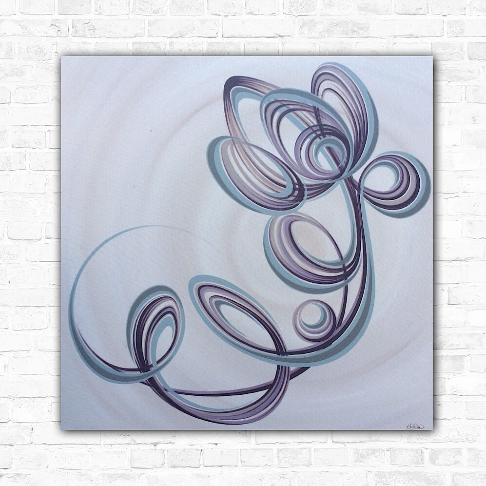 A large acrylic flower painting featuring floral elements in gentle purples, blues, greys, and cream tones on a white background, with the artist's signature on the bottom right.