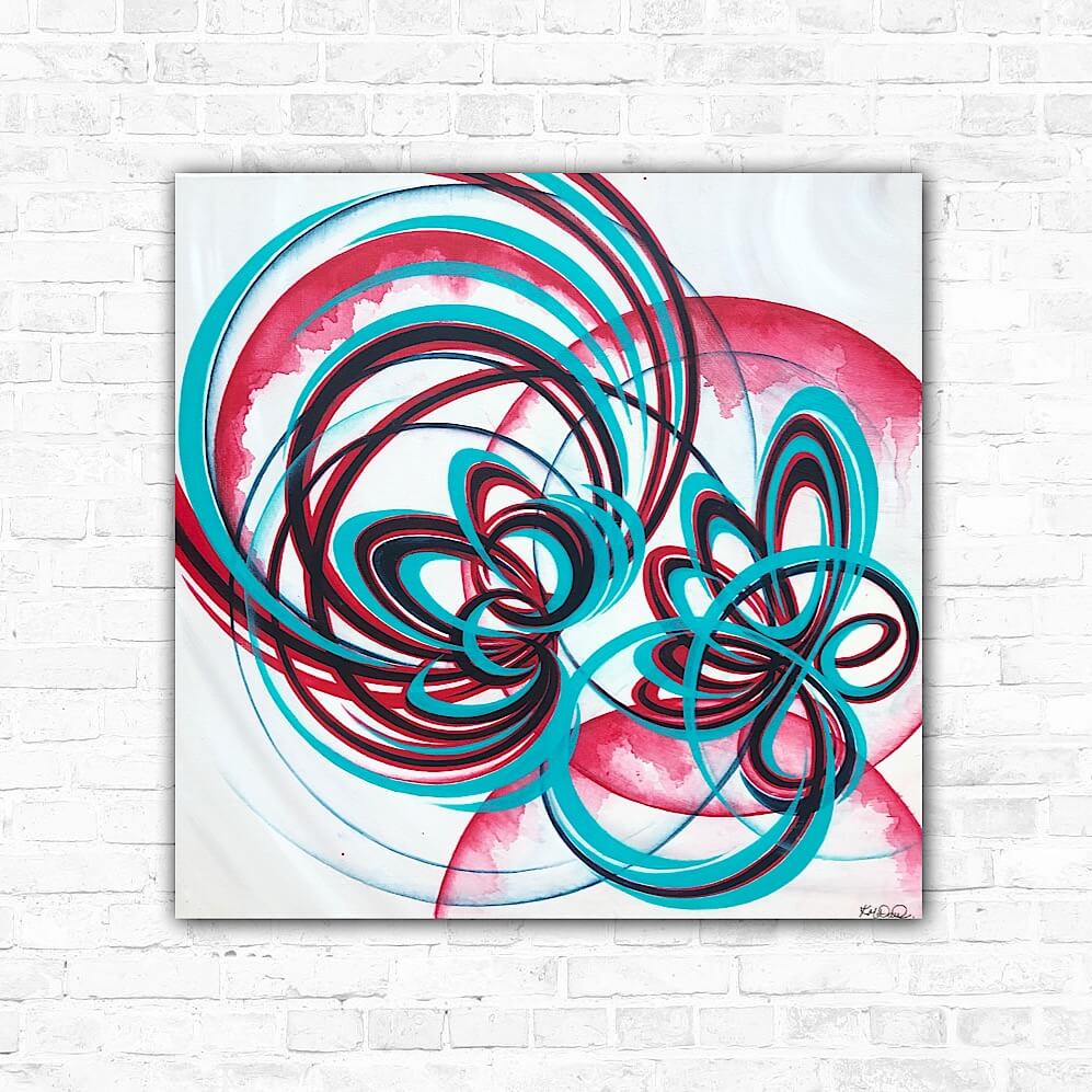 This artwork is part of a collection of paintings about flowers, characterized by an abstract and swirling depiction of floral elements. The artwork features bold red and turquoise lines that create a sense of movement and energy, set against a white background.