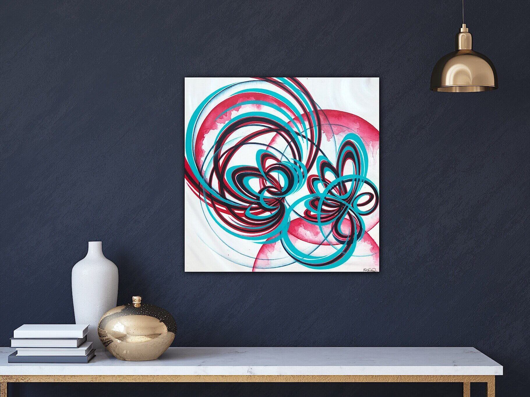 Red and turquoise contemporary canvas about flowers.