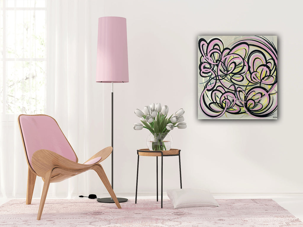 Impressionistic navy, pink and yellow flower painting.