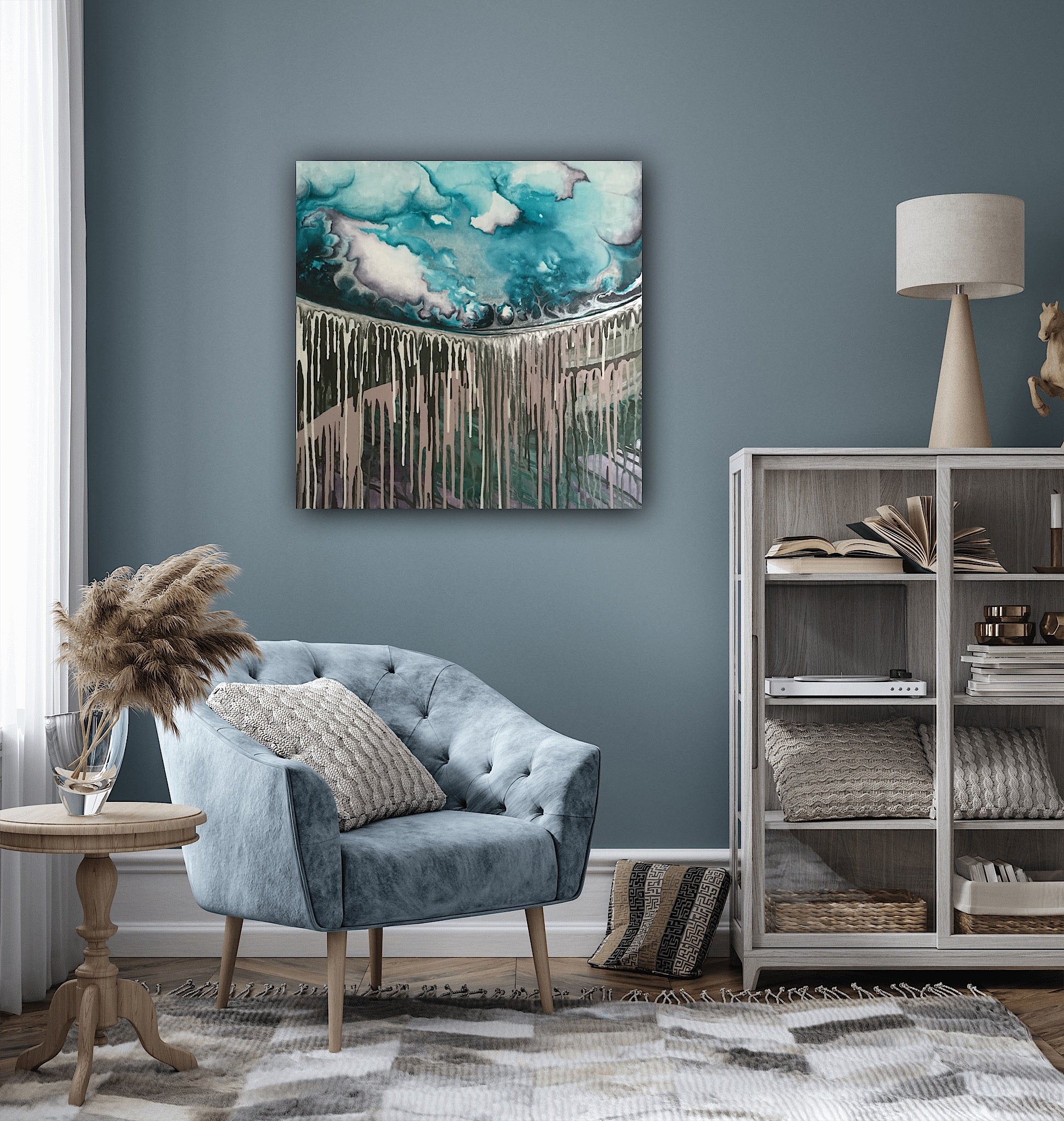 Large square contemporary landscape painting on canvas.