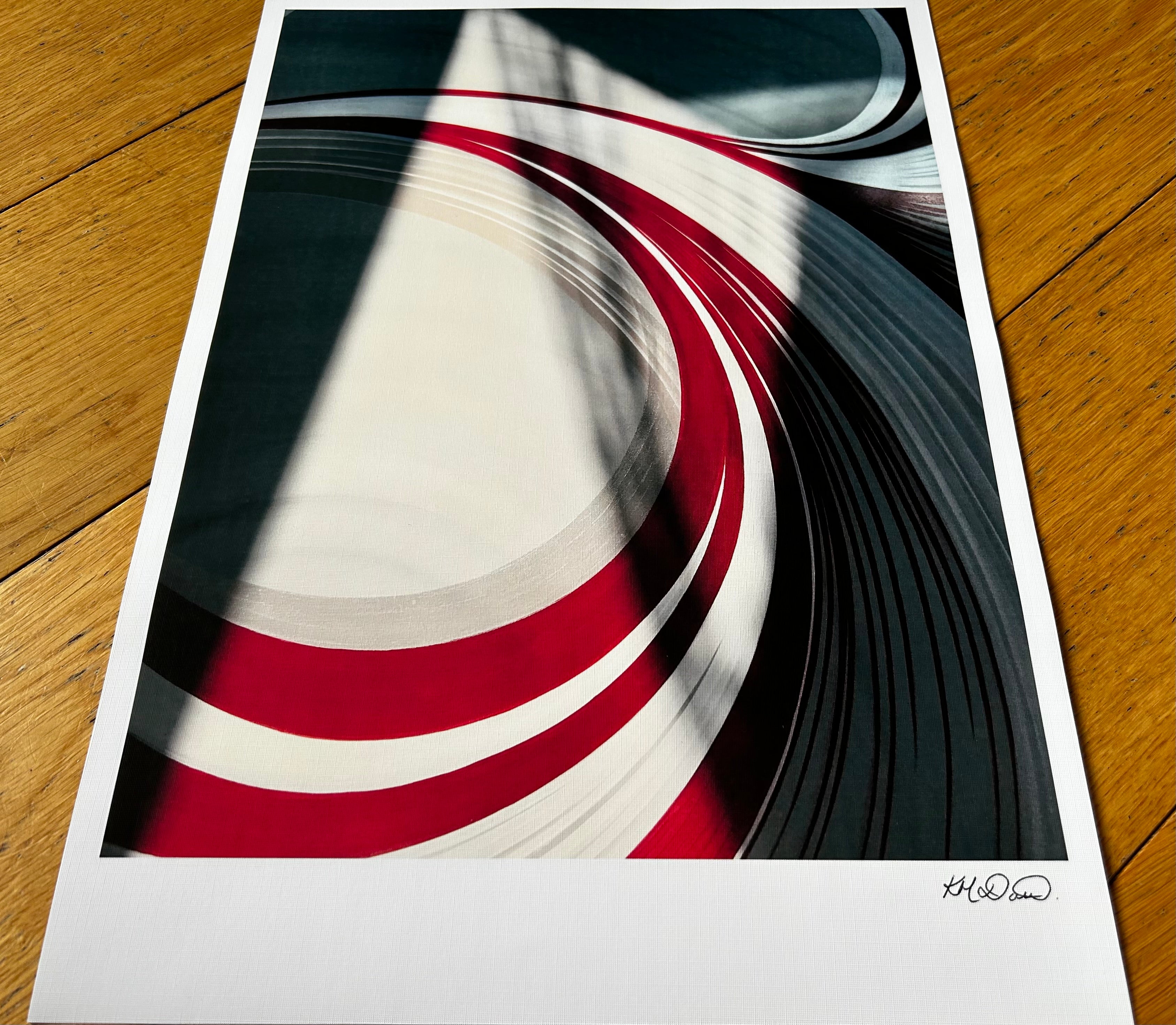 A4 and A3 art prints with a simplistic white and red pattern, UK.