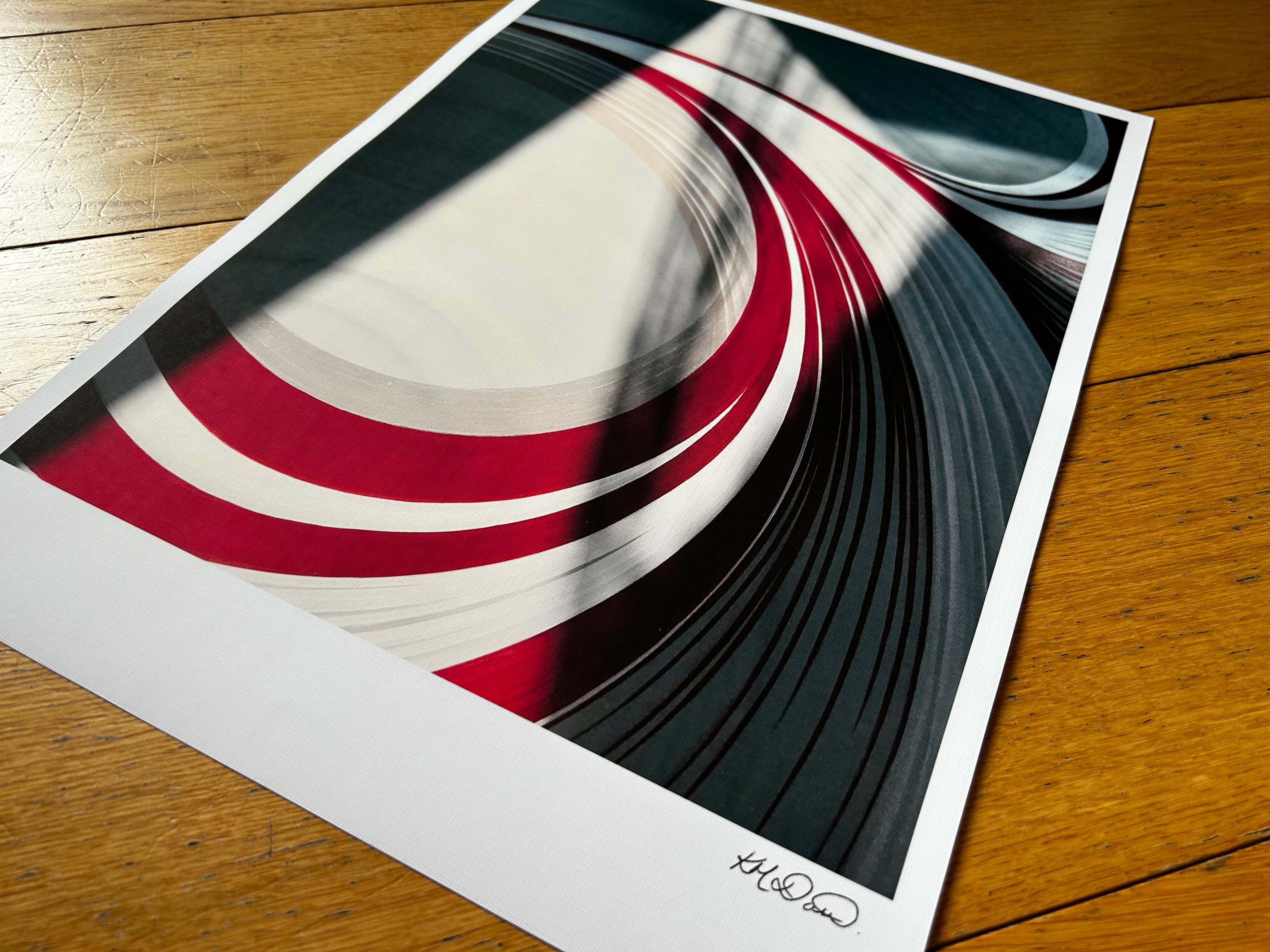 Abstract art print with white and red wave pattern. Sold by UK abstract artist.