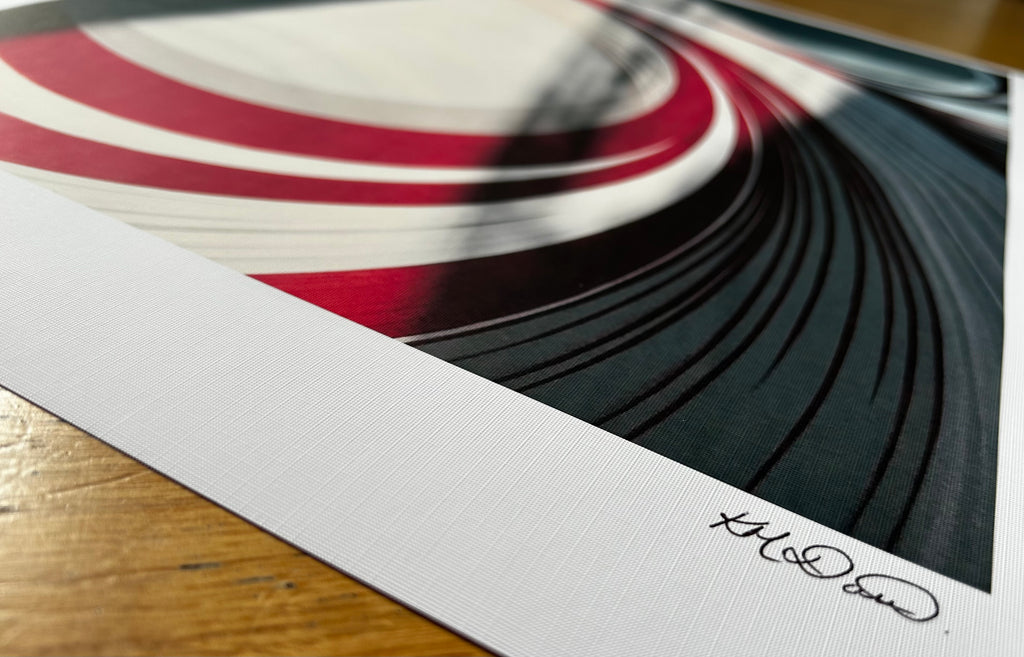 Abstract art print with white and red abstract pattern. Sold in sizes A4 and A3 from small UK business.