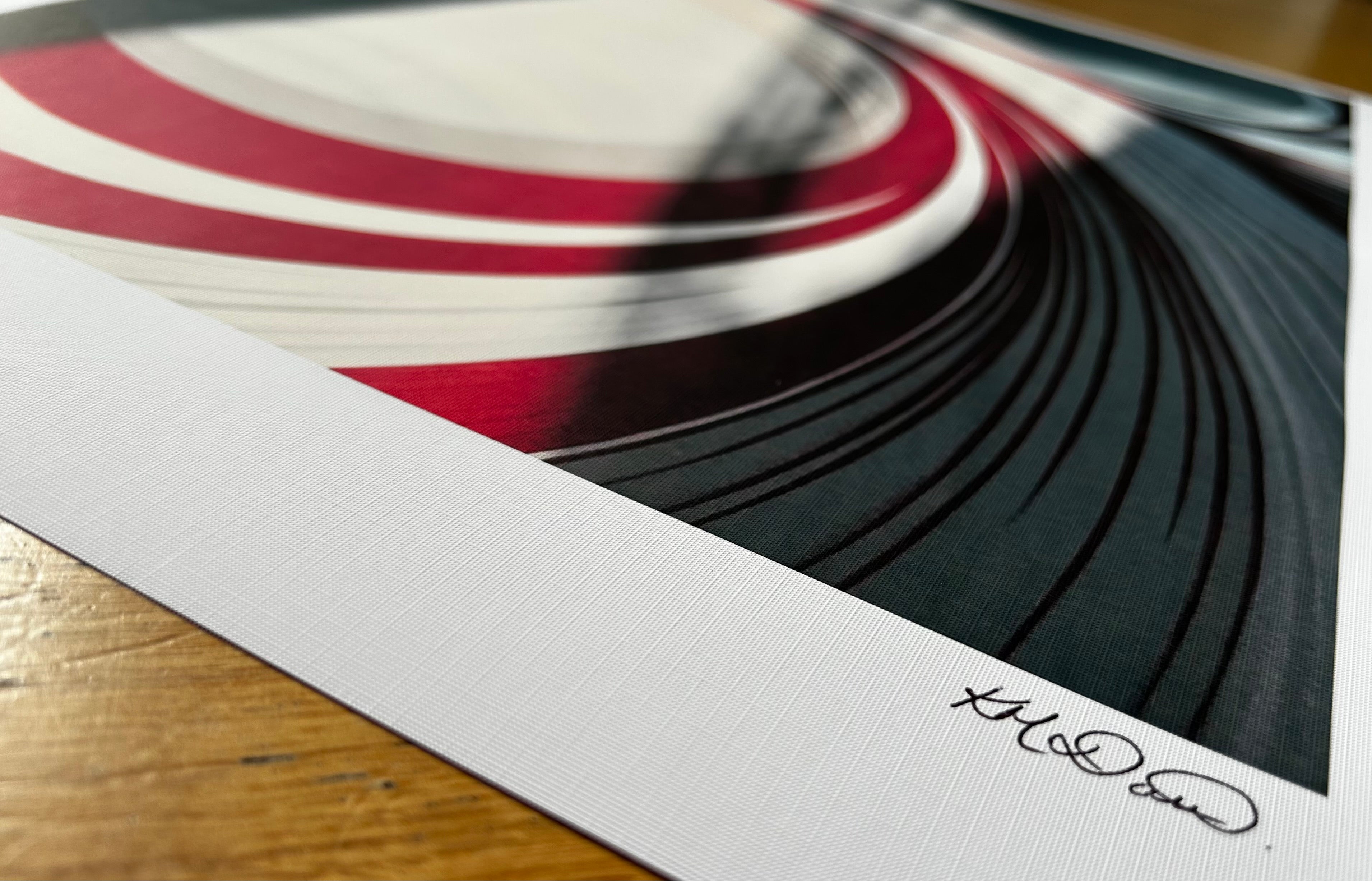 Abstract art print with white and red abstract pattern. Sold in sizes A4 and A3 from small UK business.