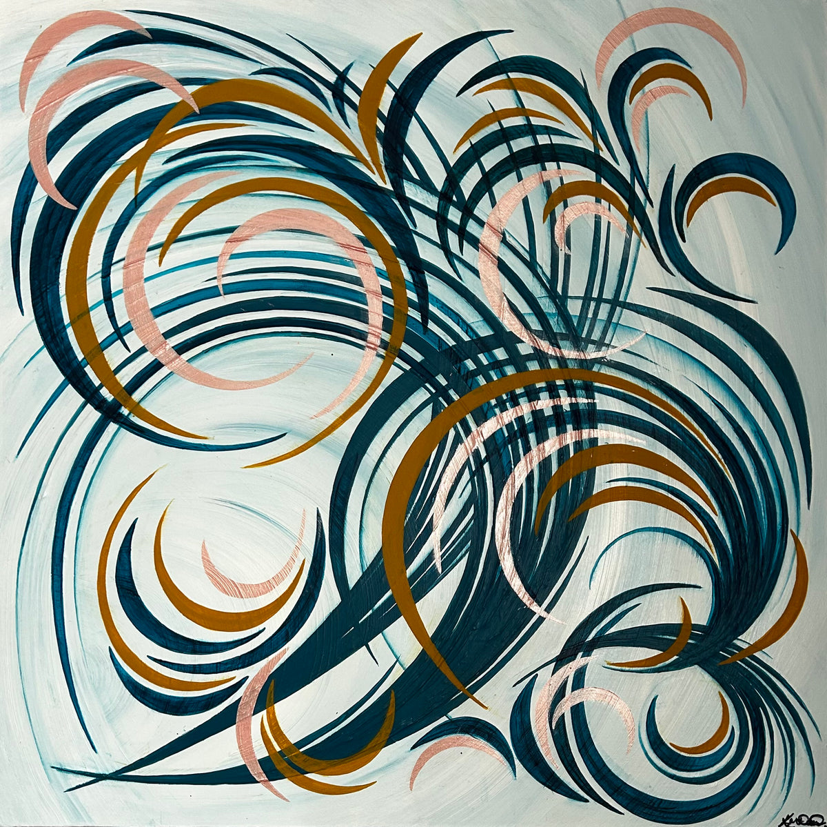 Abstract art with swirling patterns and abstract shapes in blue, brown, and pink on a white background