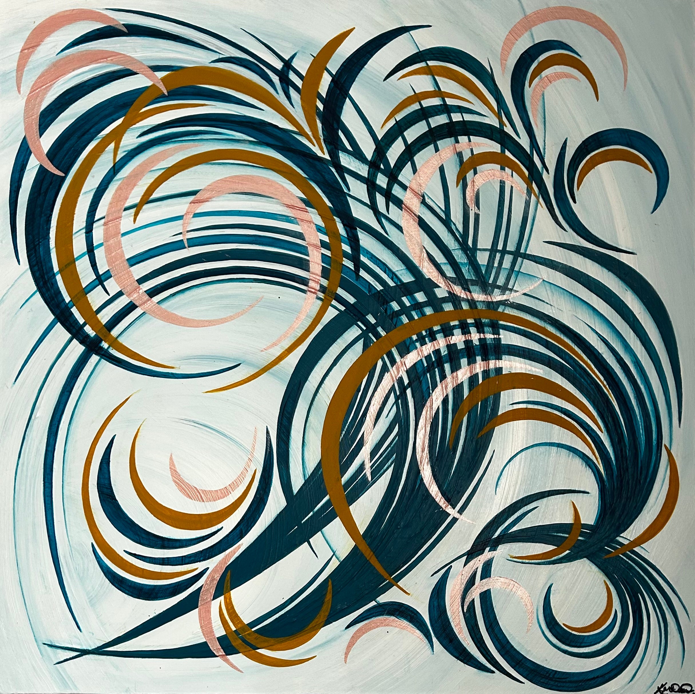 Abstract art with swirling patterns and abstract shapes in blue, brown, and pink on a white background