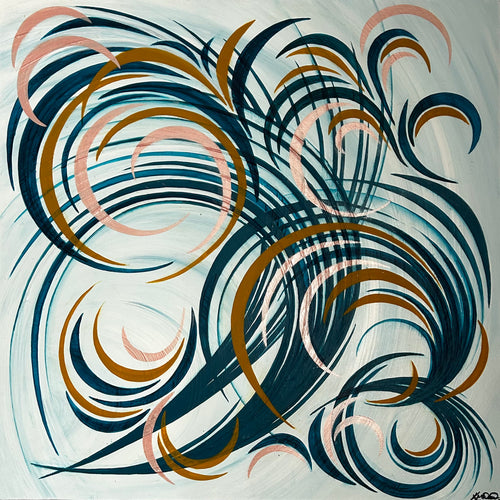 Abstract art with swirling patterns and abstract shapes in blue, brown, and pink on a white background