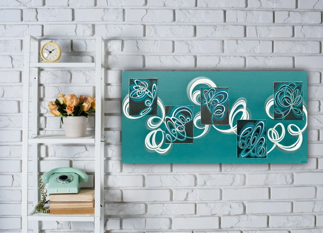 Large contemporary canvas wall decor in turquoise and white.