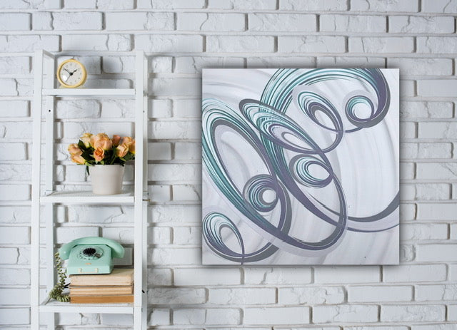 Square original abstract large decor on canvas with a rhythmic swirl design.