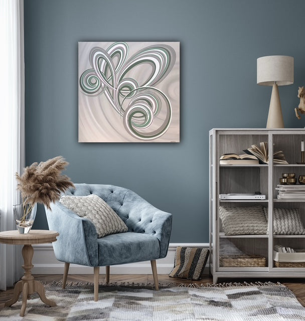 Modern symbolic canvas painting with swirl design by uk artist