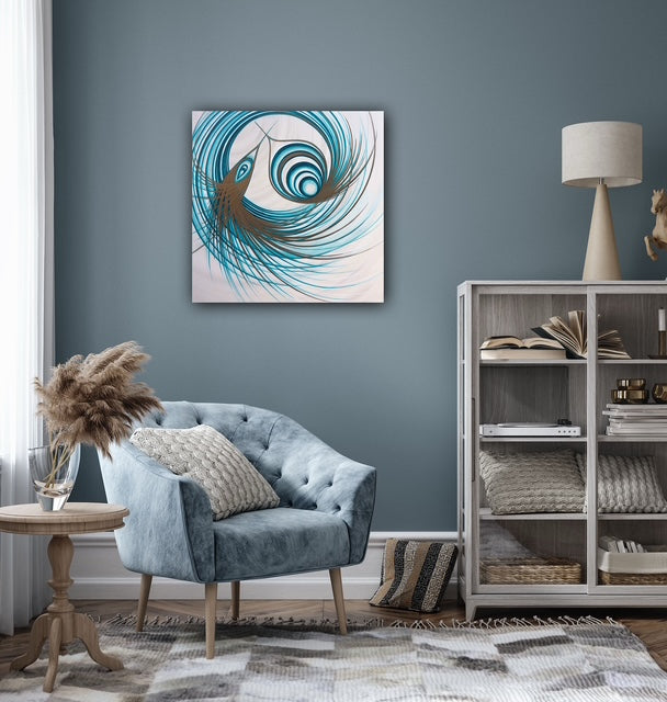 Large square turquoise and gold canvas wall art painting for sale by Hampshire based artist.