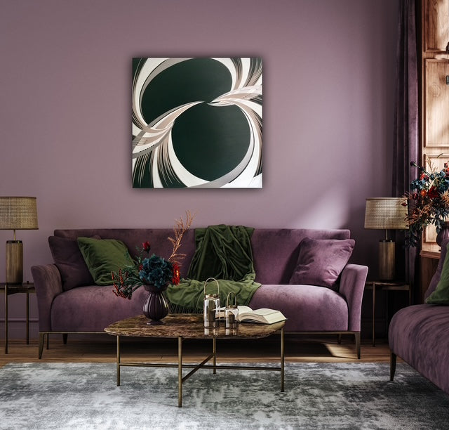 Deep green, white, beige and silver large canvas wall decor painting. Sold direct from Petersfield studio, uk. 