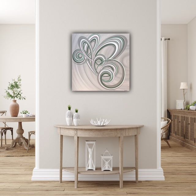 Large square contemporary canvas painting with a neutral toned colour palette and rhythmic design.