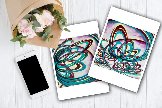 Two rhythmic modern flower prints signed by artist, Katie Daw Art, Hampshire artist.