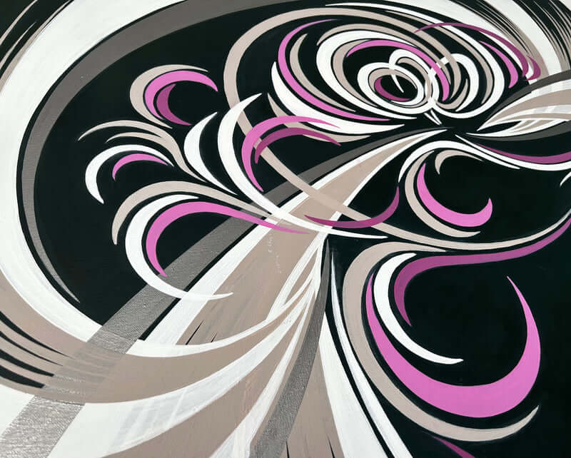 Modern abstract pattern with pink, white, silver, beige and pink swirls on a dark green background.