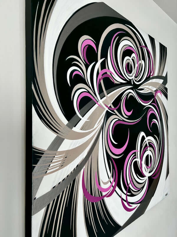 Abstract art piece with a contemporary pattern, pink, white, silver and beige swirls on a dark green background, hung on a white wall.