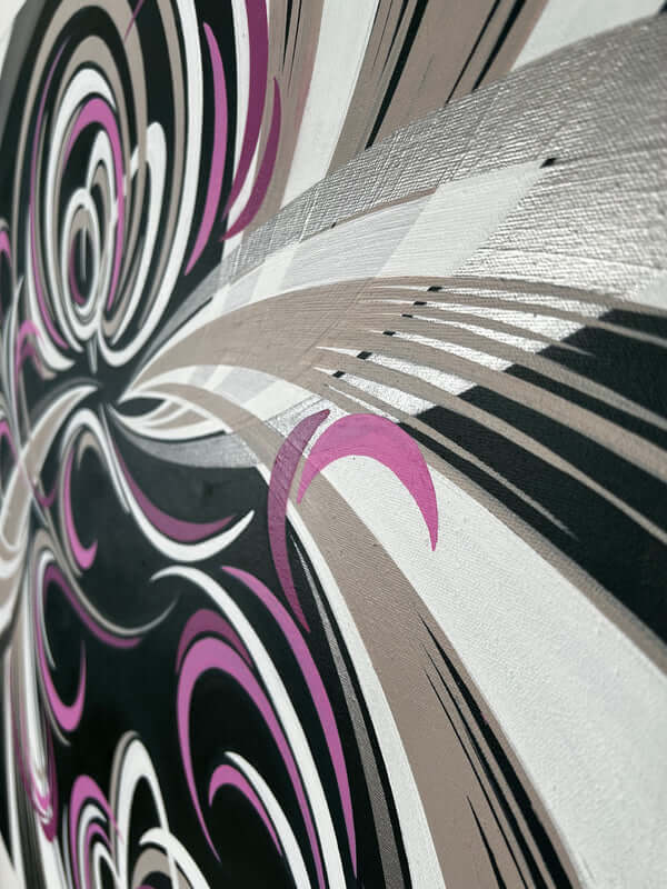 Abstract design with a swirling pattern in beige, white, silver and pink on a dark green background.
