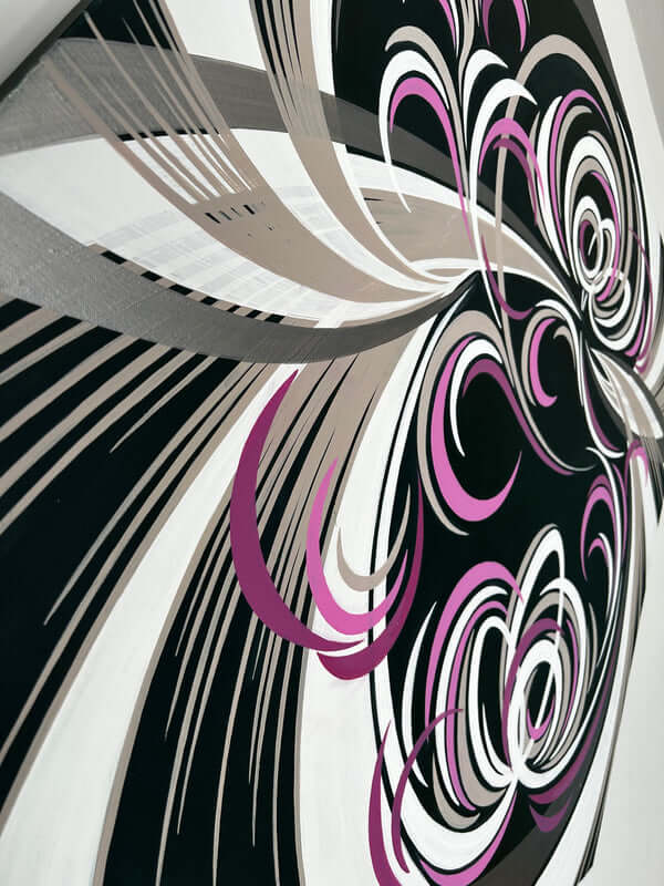 original abstract pattern with beige, white, silver and pink coloured swirls on a dark green background